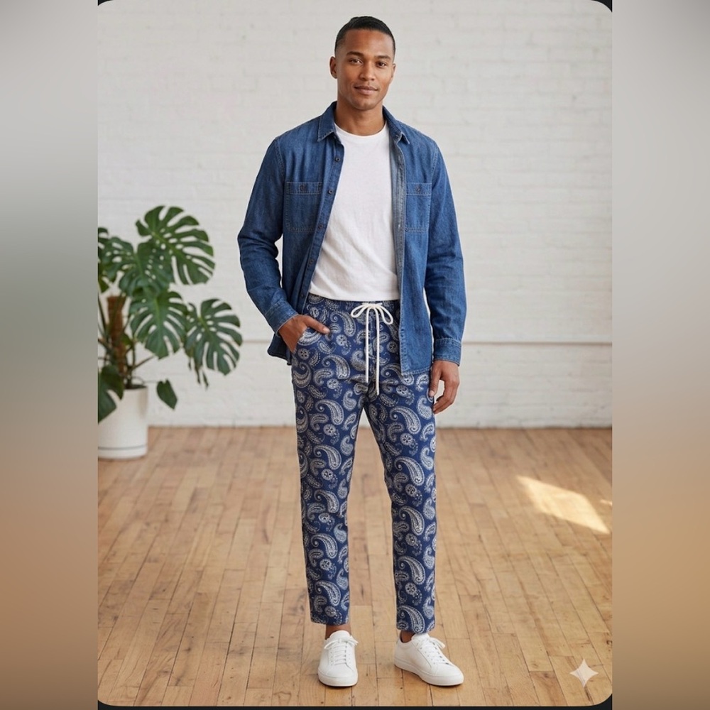 PacSun Navy Paisley Drawstring Pants - Size L